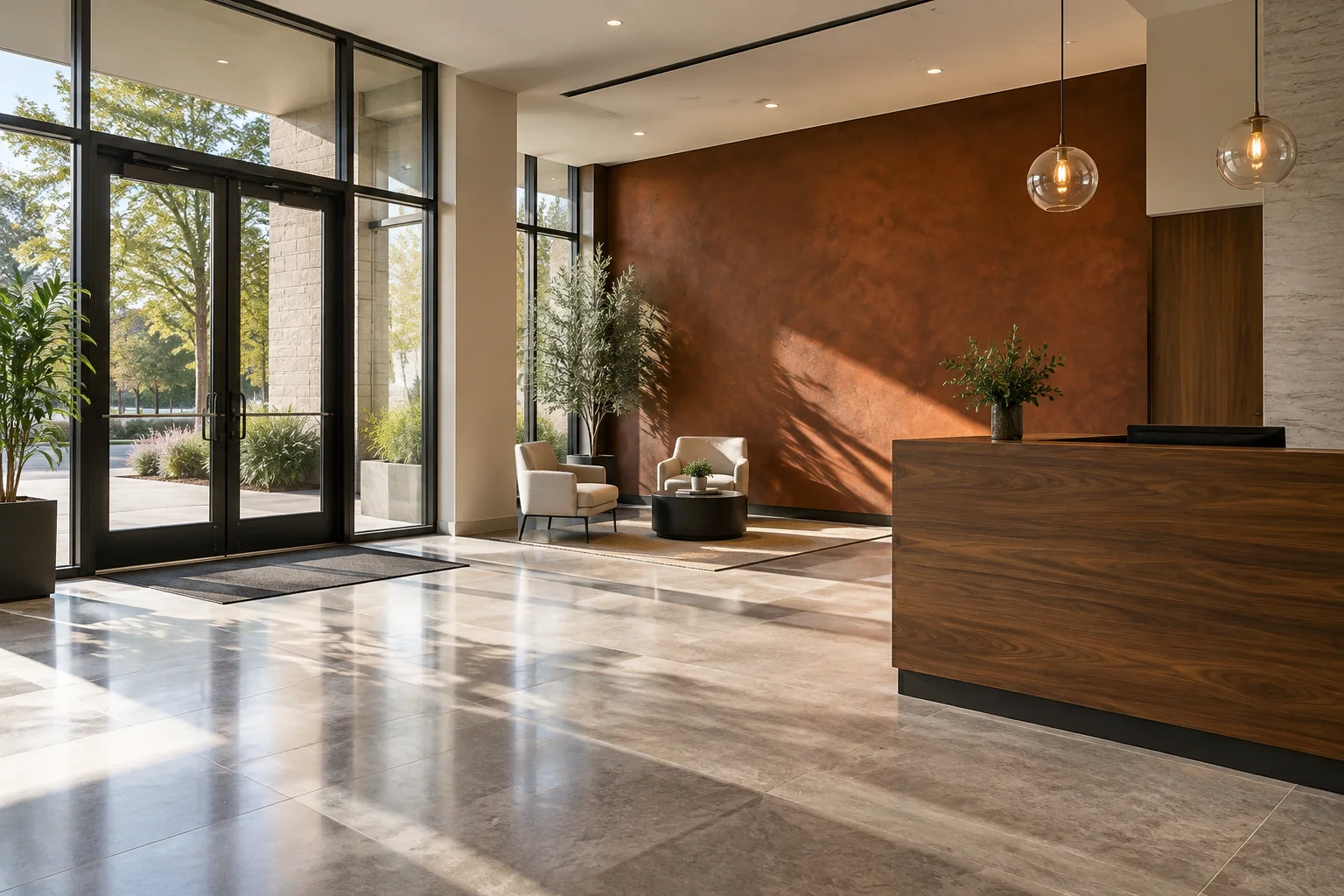 Illustrative commercial lobby with a walnut reception desk and rust-colored wall.