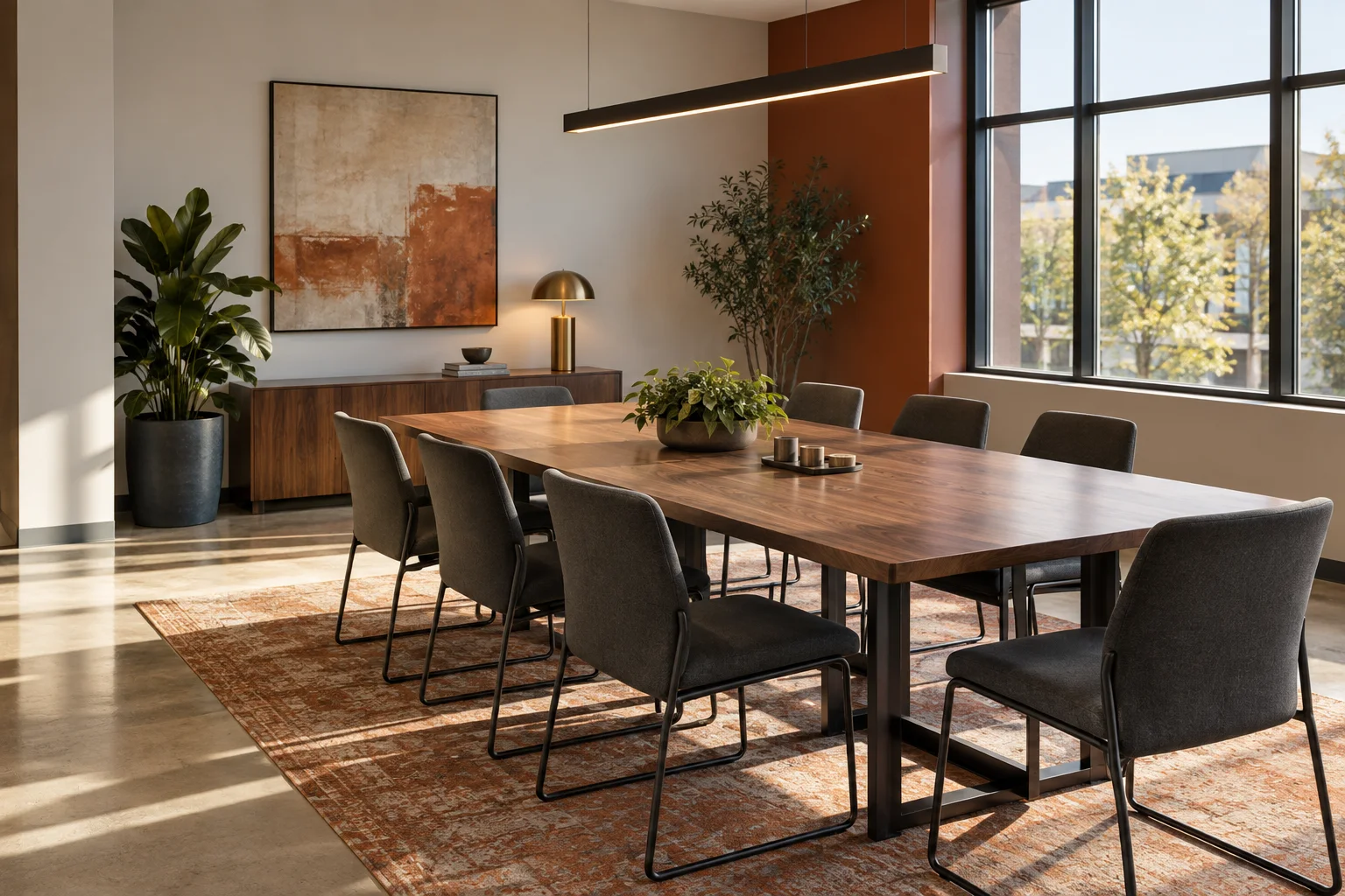 Illustrative shared meeting room with a walnut table and graphite chairs.