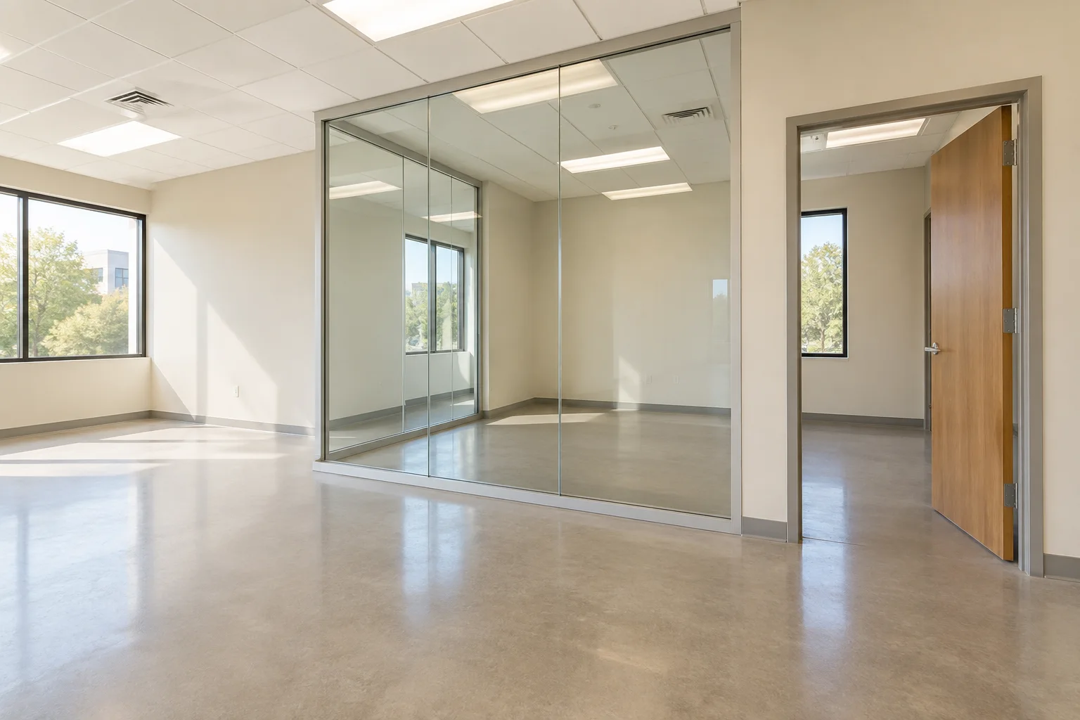 Illustrative vacant commercial suite with glass partitions.